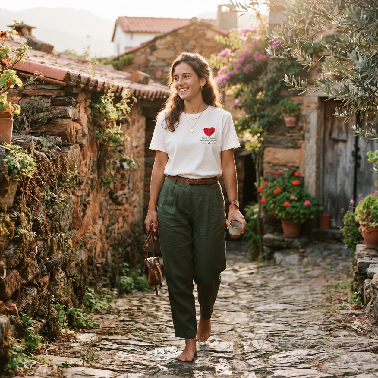 Rapariga com a t-shirt OLIVÉ Gosto de pessoas com sentido de amor